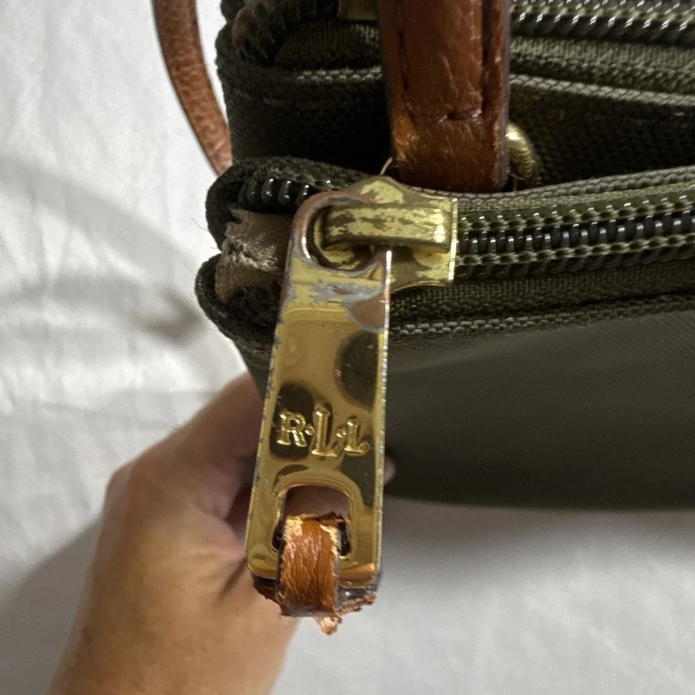 Lauren Ralph Lauren Green Nylon Crossbody Bag Brown Strap Gold Hardware